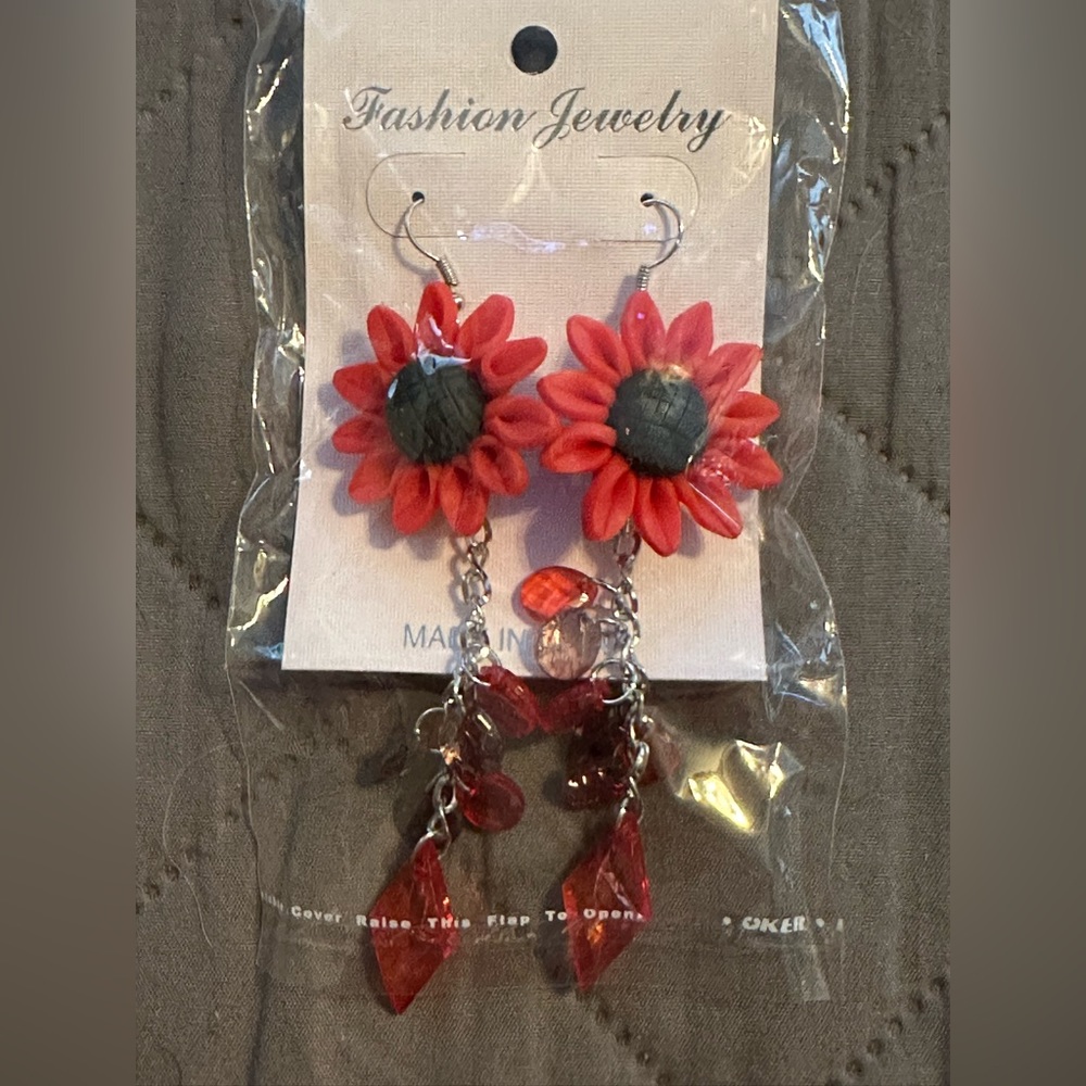 Sunflower Earrings - Red & Dangly - New